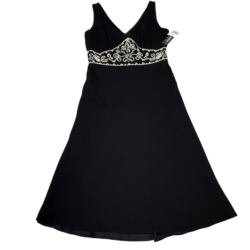 Vintage NWT Maggy London Womens Black Embroidered Empire Waist V-Neck Midi Dress